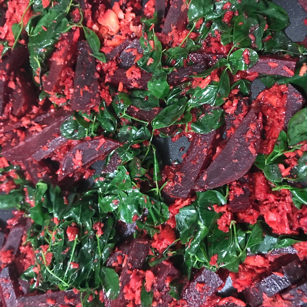 Moringa with beets and coconut cooked in a kitchen in Hawaii